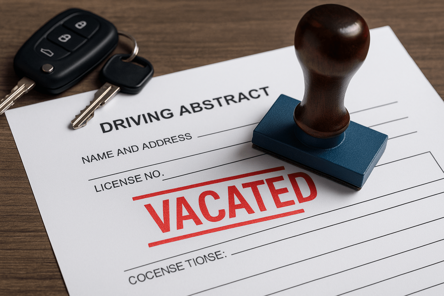 Driving abstract document stamped ‘VACATED’ next to car keys and a stamp on a wooden desk
